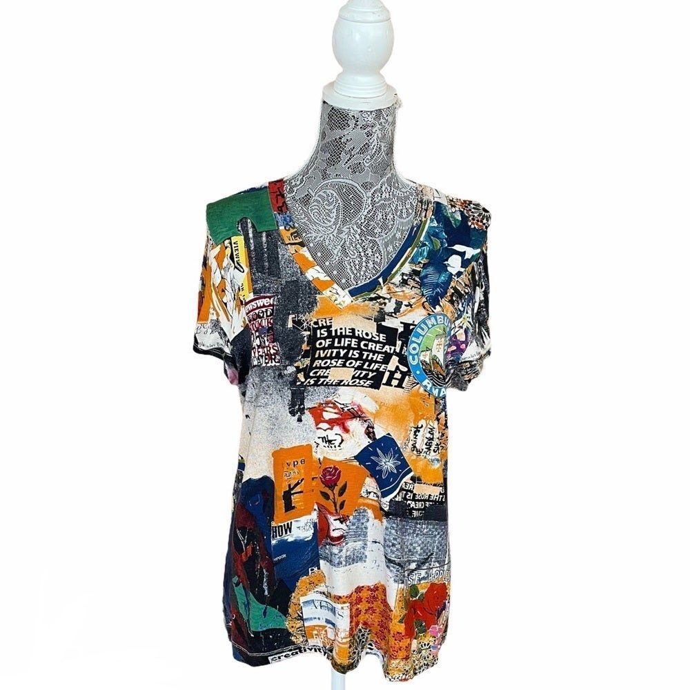 Retro Inspired Chico’s Multi Poster V-Neck Top Size Large
